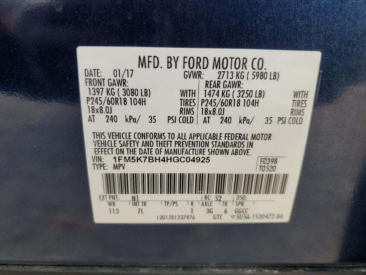1FM5K7BH4HGC04925 FORD EXPLORER 2017