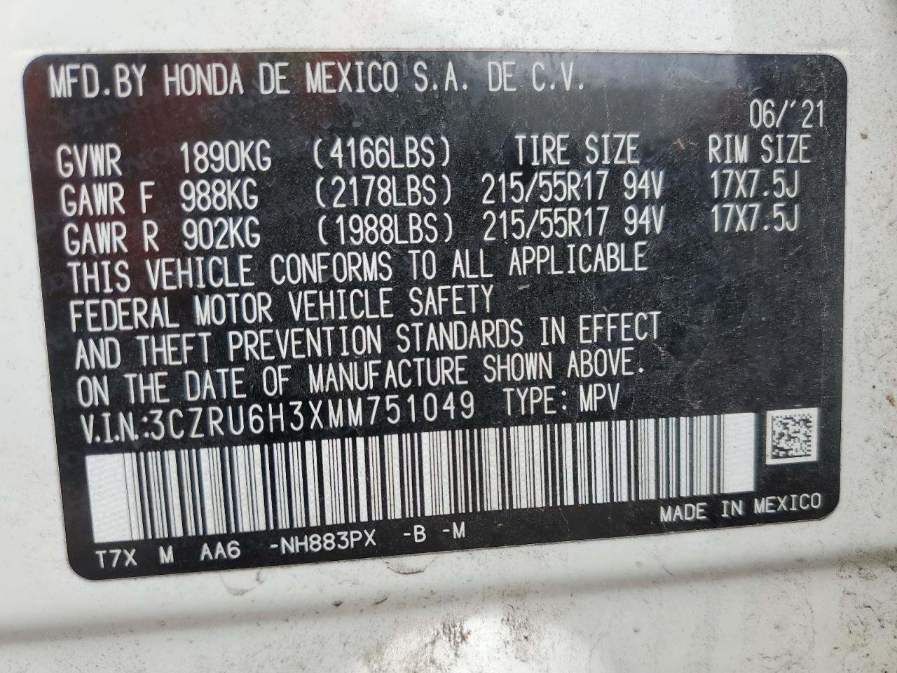 3czru6h3xmm751049 3CZRU6H3XMM751049 2021 Honda Hr-V Lx