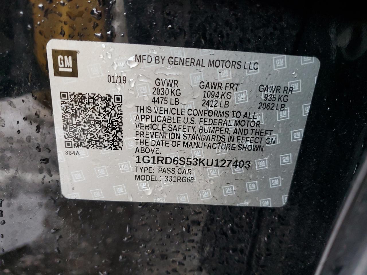 1G1RD6S53KU127403 CHEVROLET VOLT 2019