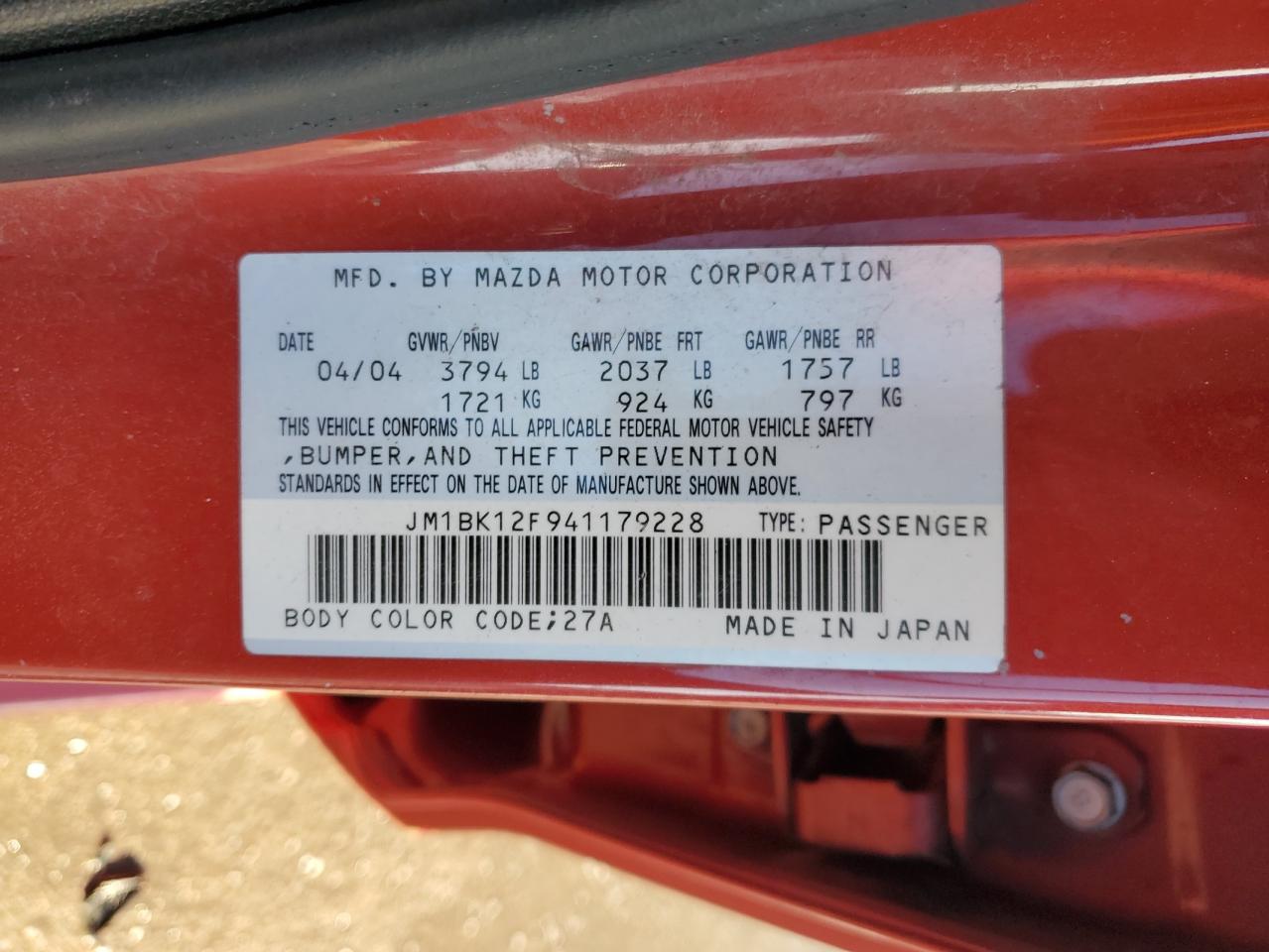 JM1BK12F941179228 2004 Mazda 3 I