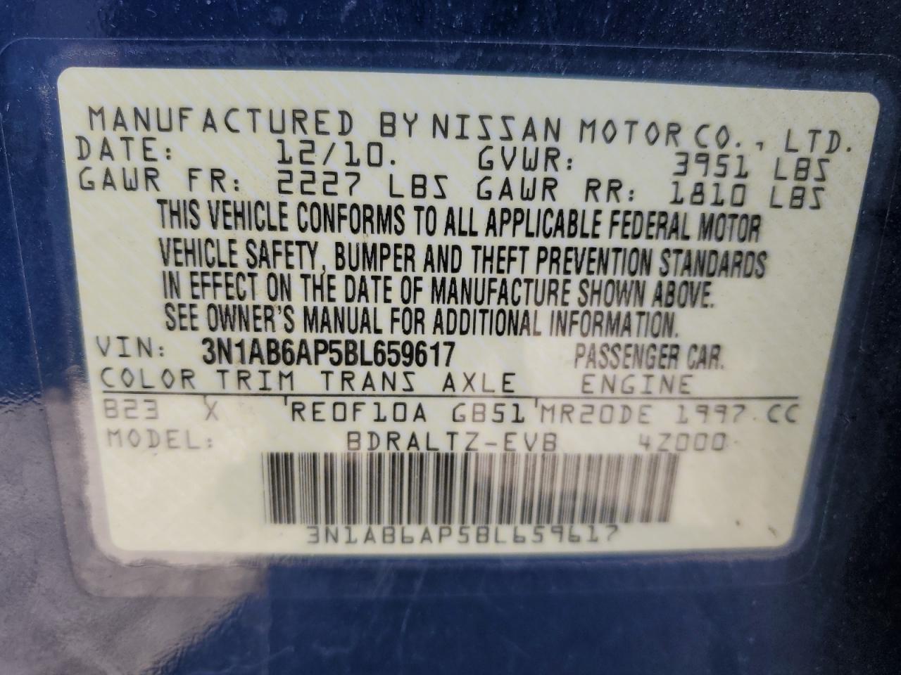 3N1AB6AP5BL659617 2011 Nissan Sentra 2.0