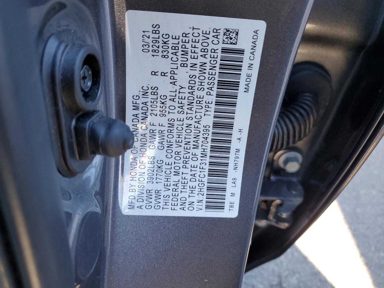 2HGFC1F31MH704395 HONDA CIVIC 2021