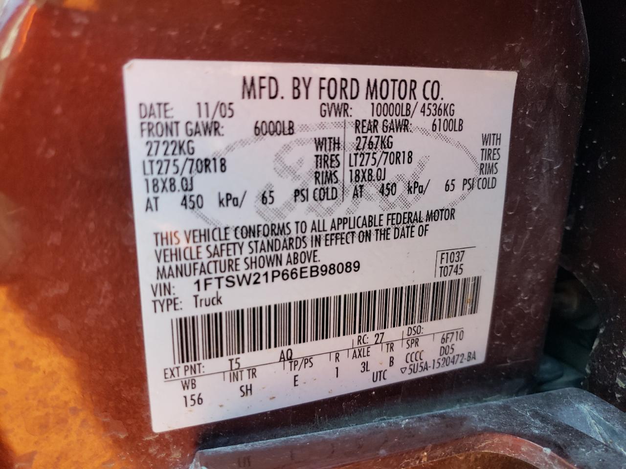 1FTSW21P66EB98089 2006 Ford F250 Super Duty