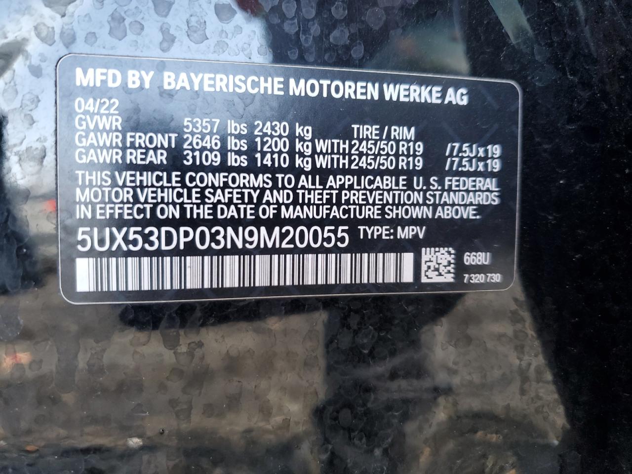 5UX53DP03N9M20055 2022 BMW X3 xDrive30I