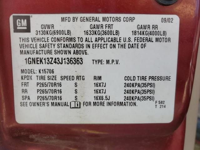 2003 Chevrolet Tahoe K1500 VIN: 1GNEK13Z43J136363 Lot: 44956134