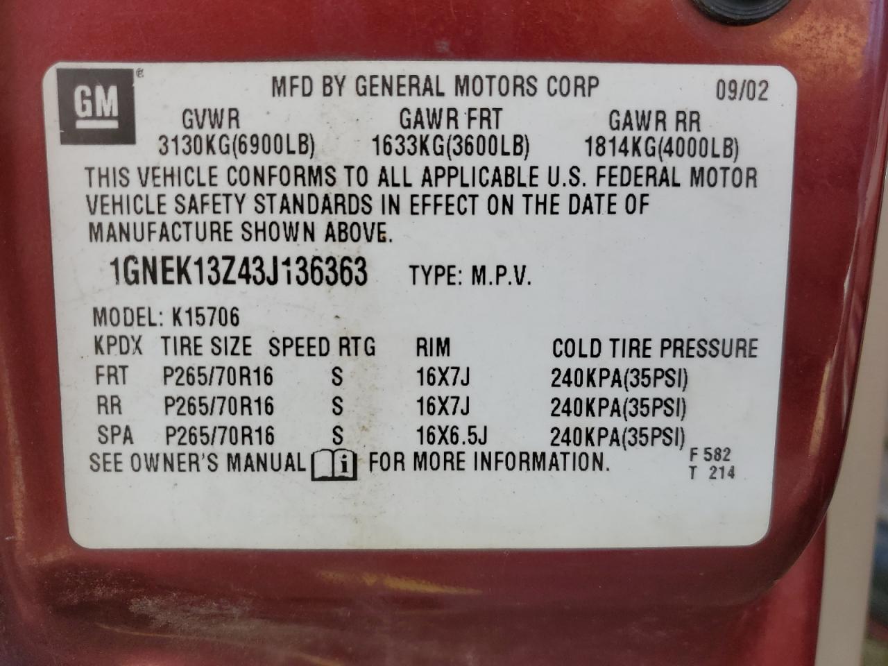 1GNEK13Z43J136363 2003 Chevrolet Tahoe K1500