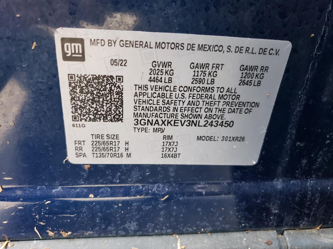 3GNAXKEV3NL243450 CHEVROLET EQUINOX 2022