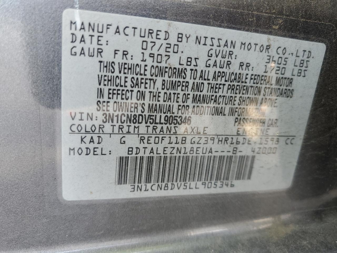 3N1CN8DV5LL905346 NISSAN VERSA 2020