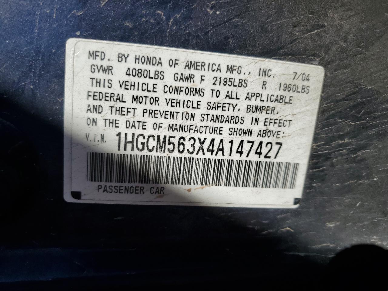 1HGCM563X4A147427 2004 Honda Accord Lx