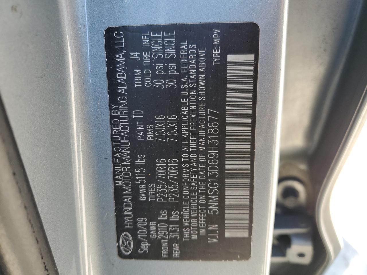 5NMSG13D69H318677 2009 Hyundai Santa Fe Gls