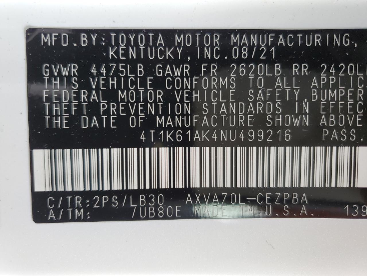 4T1K61AK4NU499216 TOYOTA CAMRY 2022
