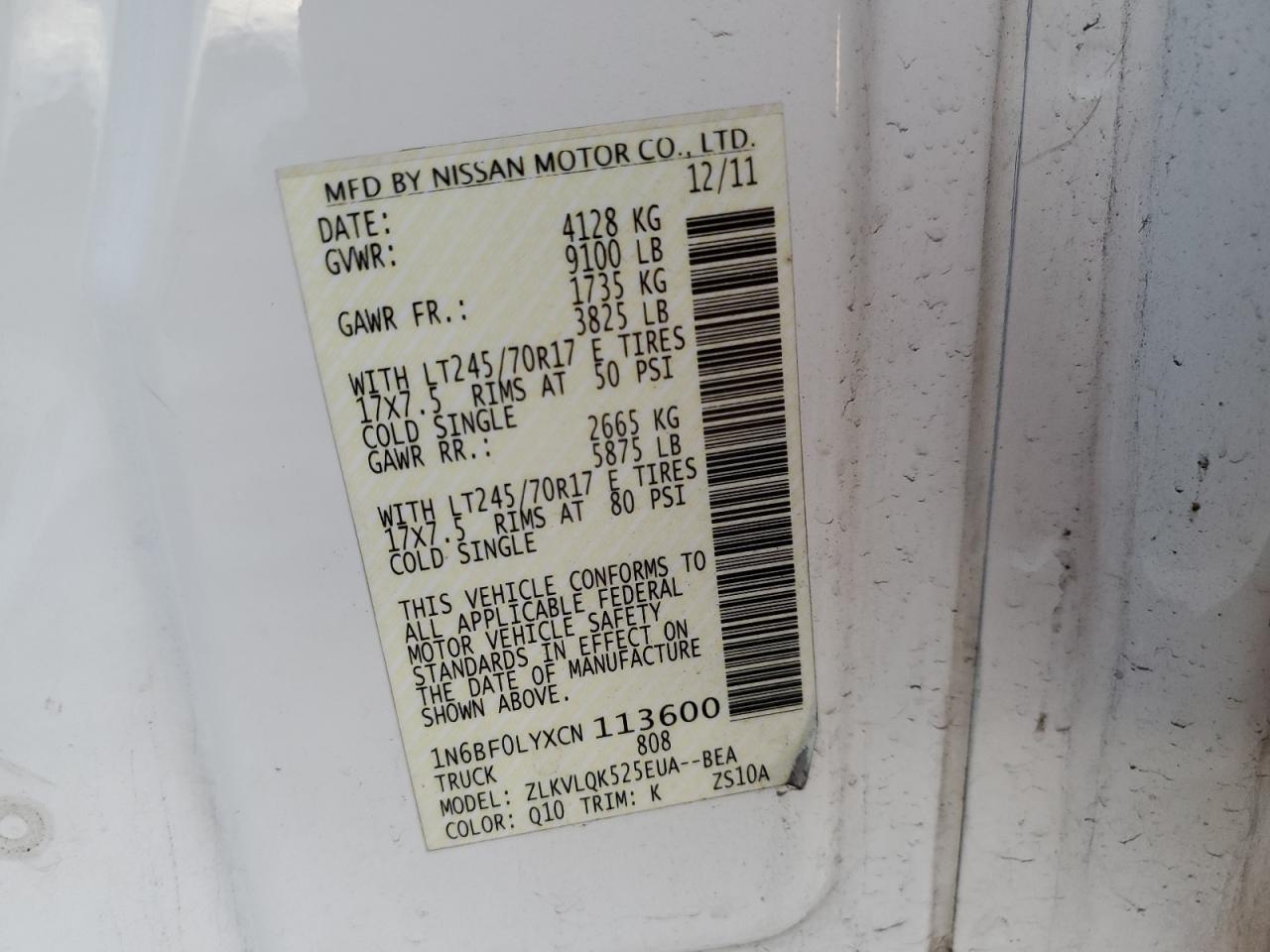 1N6BF0LYXCN113600 2012 Nissan Nv 2500