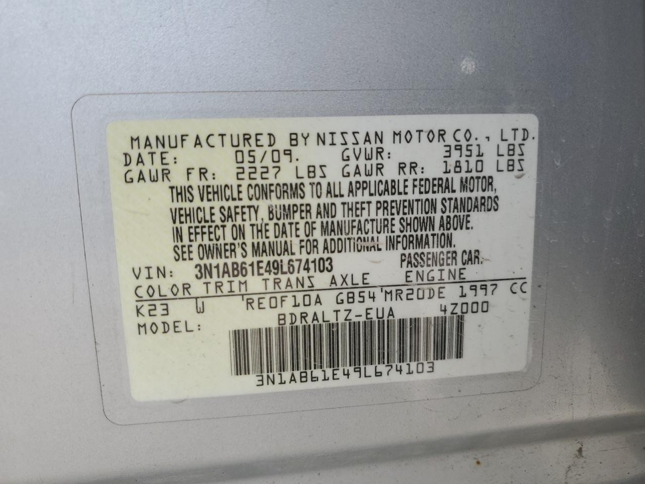 3N1AB61E49L674103 2009 Nissan Sentra 2.0