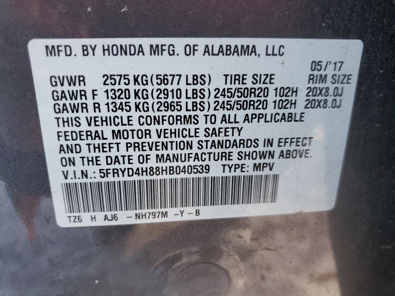 5FRYD4H88HB040539 2017 Acura Mdx Advance