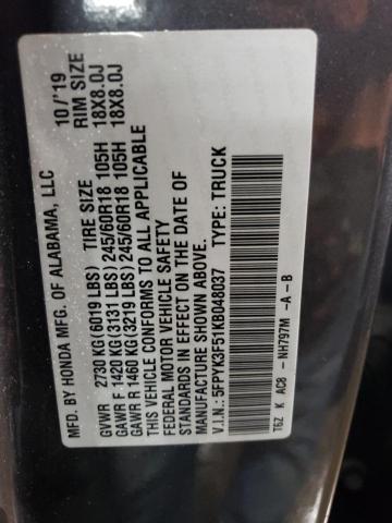 2019 HONDA RIDGELINE 5FPYK3F51KB048037