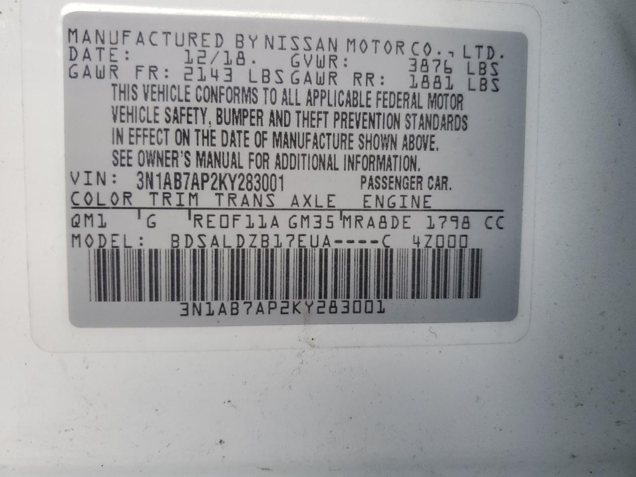 3N1AB7AP2KY283001 NISSAN SENTRA 2019