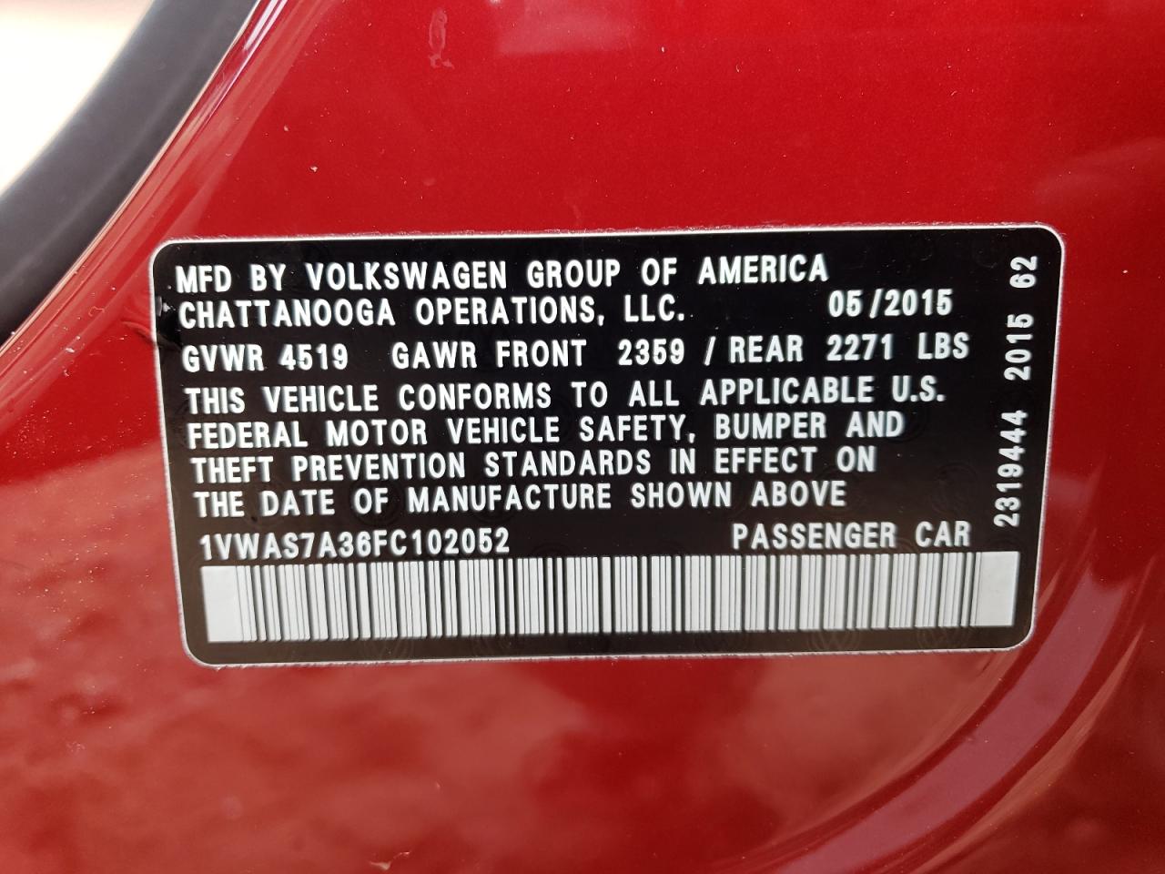 1VWAS7A36FC102052 2015 Volkswagen Passat S