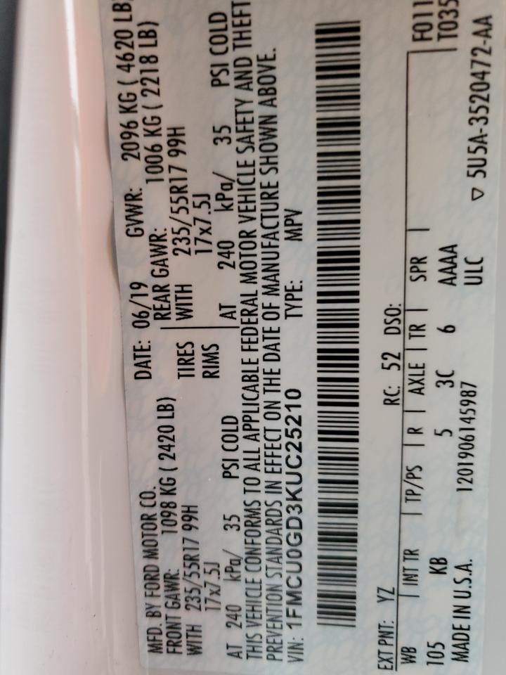 1FMCU0GD3KUC25210 FORD ESCAPE 2019