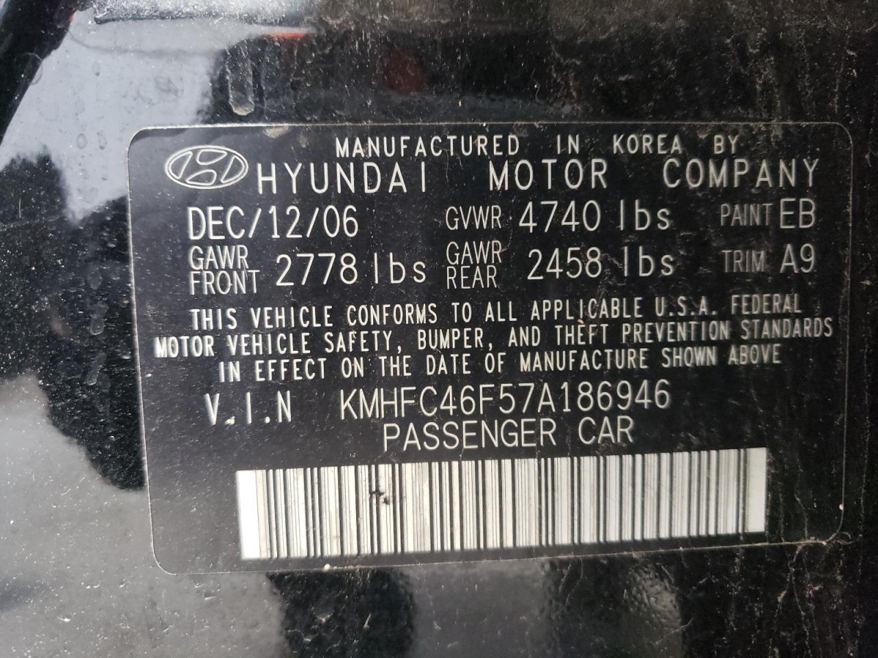 KMHFC46F57A186946 2007 Hyundai Azera Se