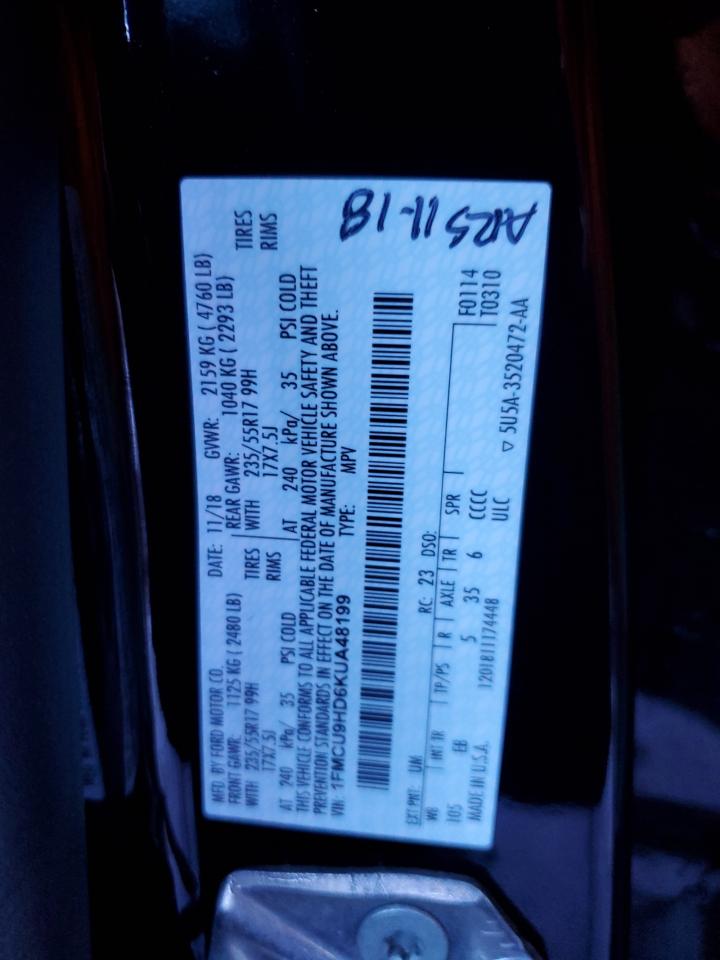 1FMCU9HD6KUA48199 FORD ESCAPE 2019