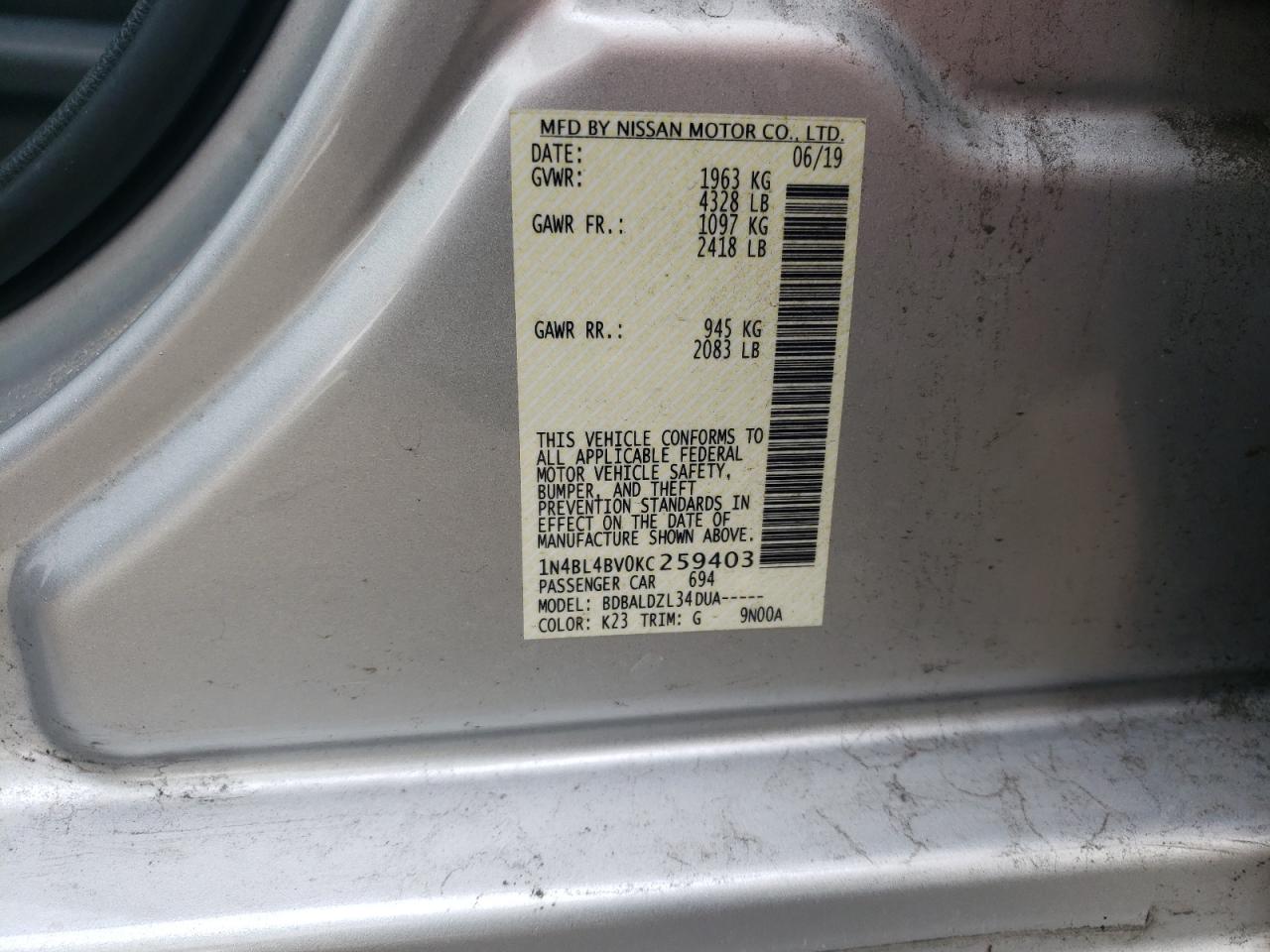 1N4BL4BV0KC259403 NISSAN ALTIMA 2019