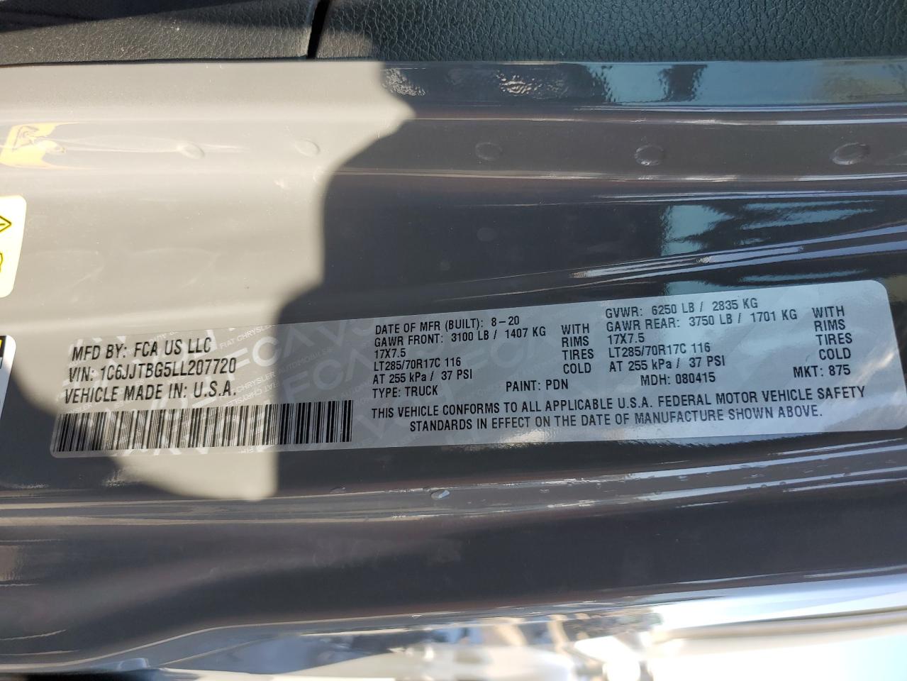 1C6JJTBG5LL207720 JEEP GLADIATOR 2020