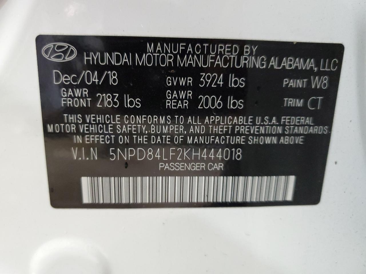 5NPD84LF2KH444018 HYUNDAI ELANTRA 2019