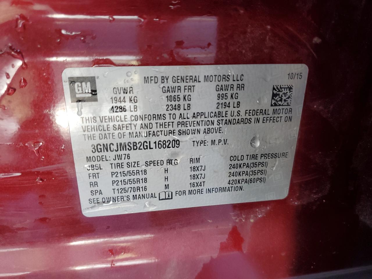 3GNCJMSB2GL168209 CHEVROLET TRAX 2016