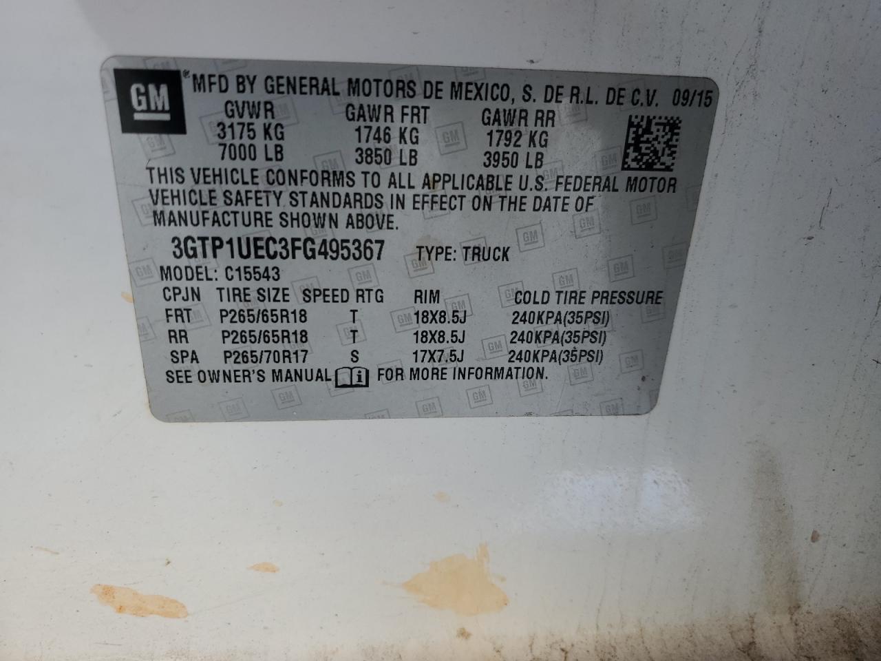 3GTP1UEC3FG495367 2015 GMC Sierra C1500 Sle