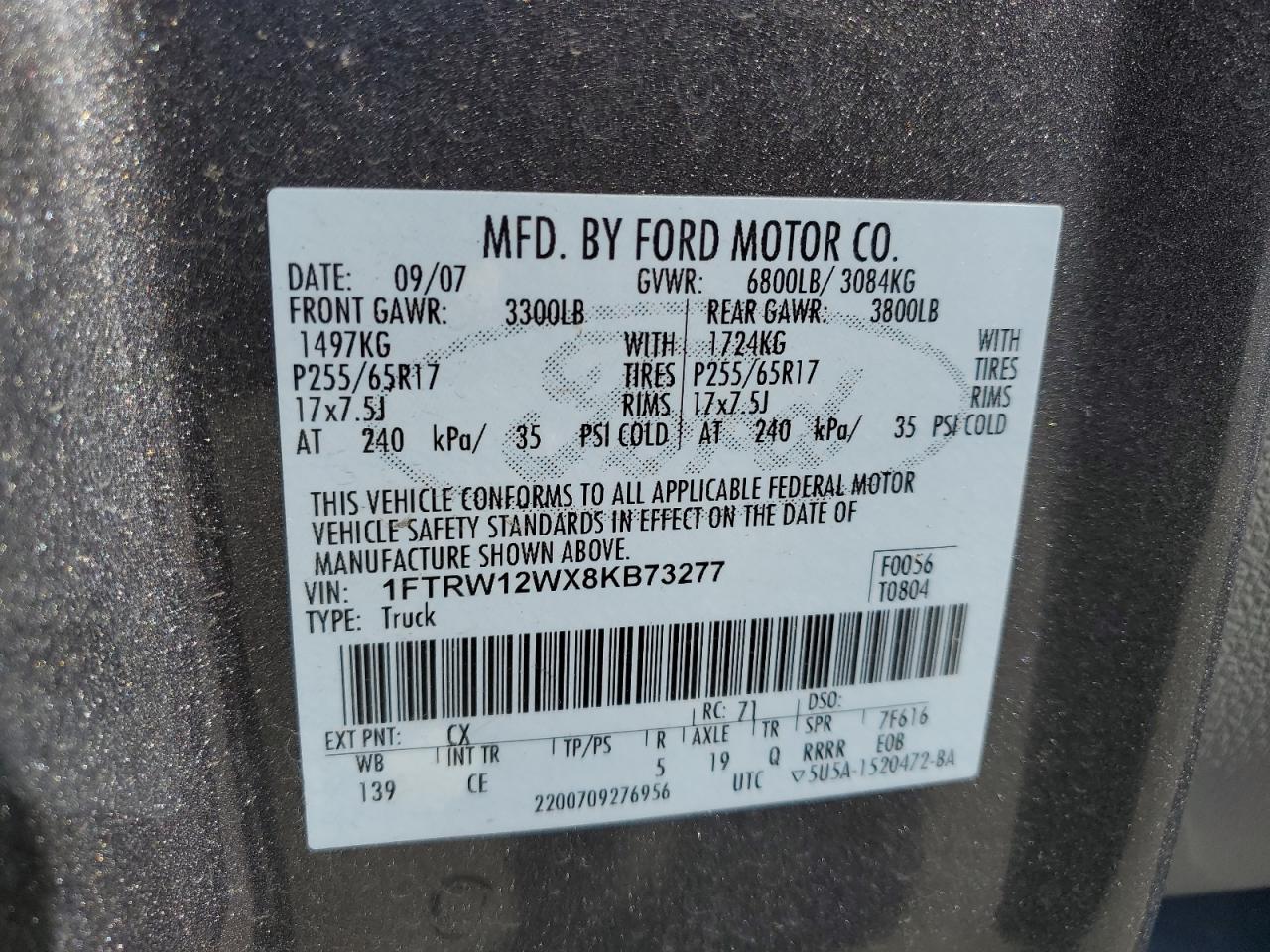 1FTRW12WX8KB73277 2008 Ford F150 Supercrew