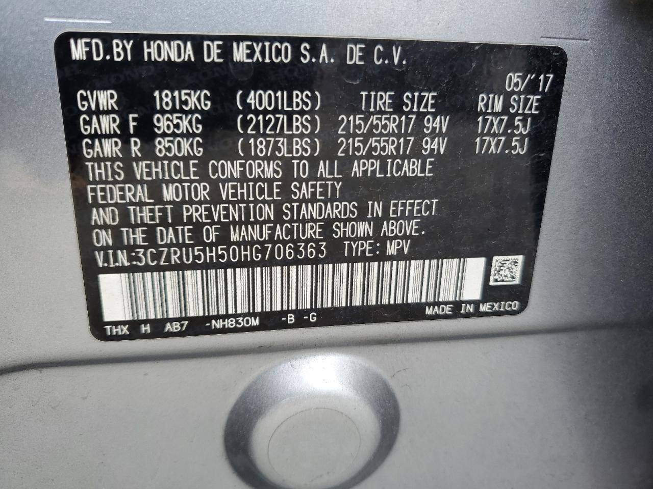 3CZRU5H50HG706363 HONDA HR-V 2017