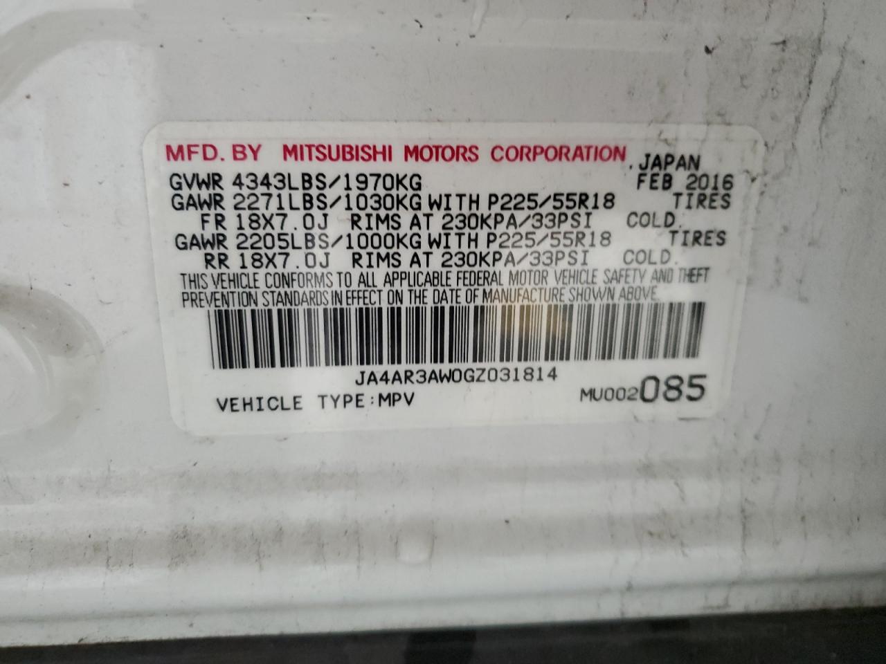 ja4ar3aw0gz031814 JA4AR3AW0GZ031814 2016 Mitsubishi Outlander Sport Es
