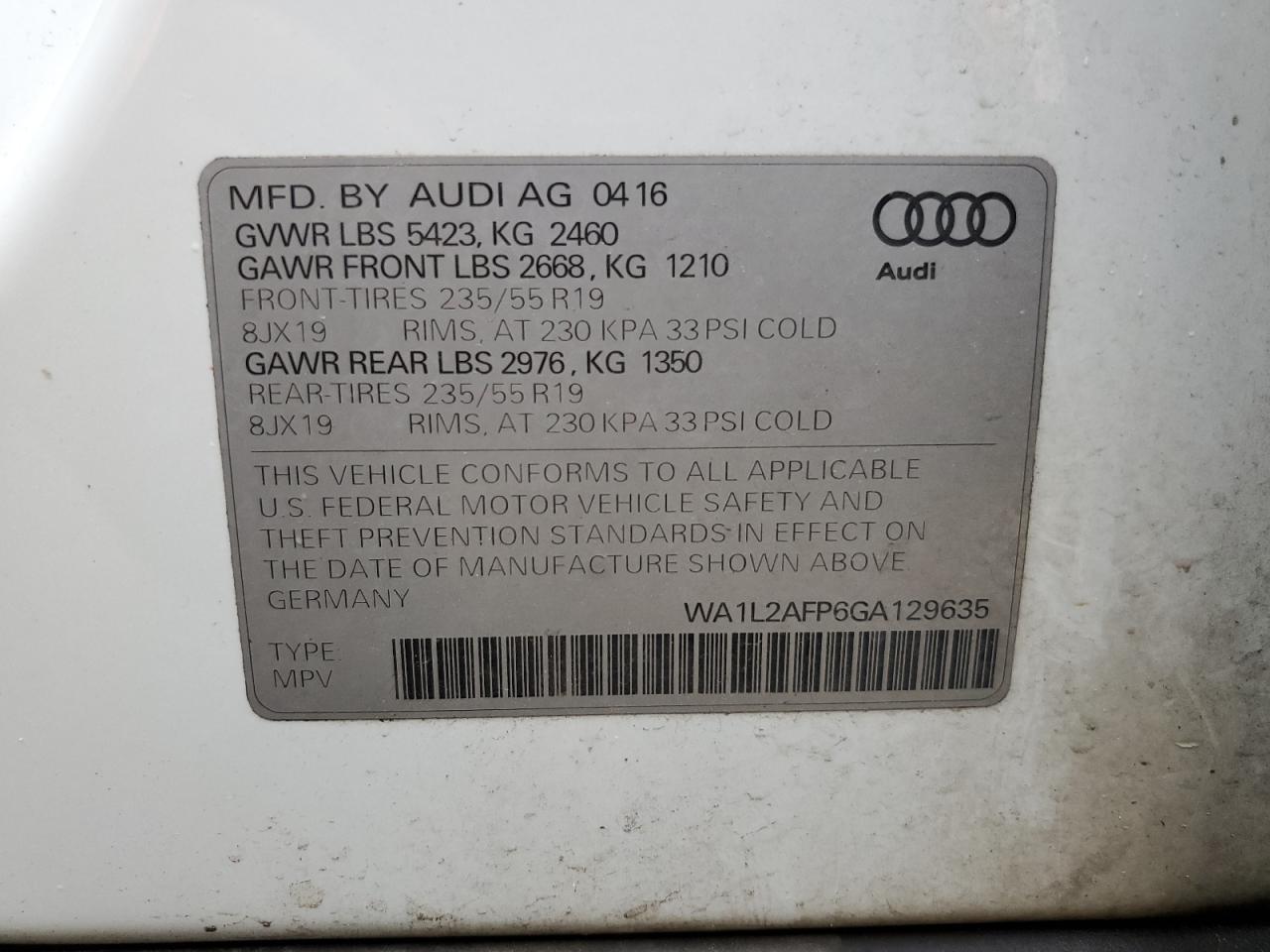 2016 Audi Q5 Premium Plus vin: WA1L2AFP6GA129635