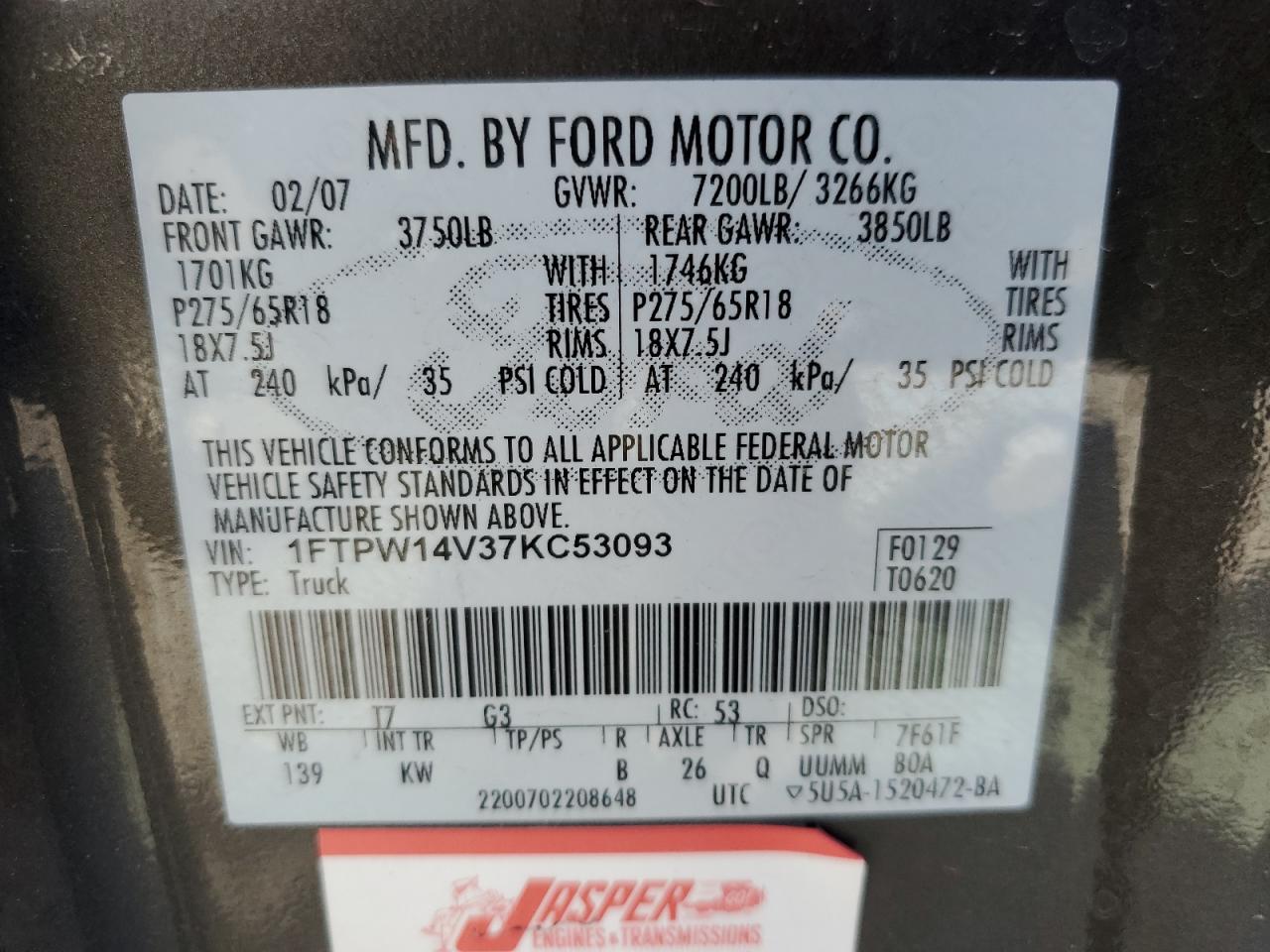 1FTPW14V37KC53093 2007 Ford F150 Supercrew