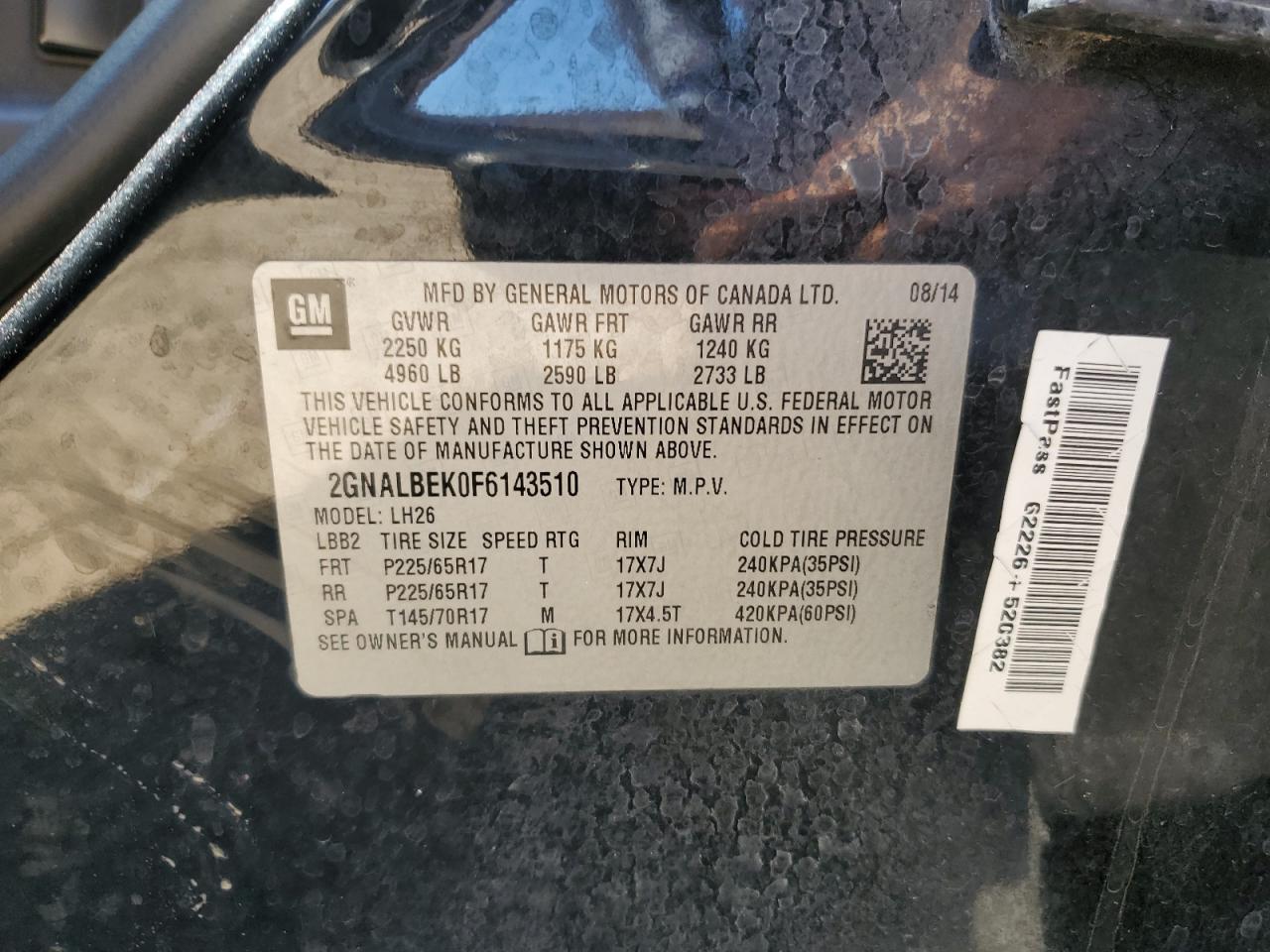 2GNALBEK0F6143510 2015 Chevrolet Equinox Lt