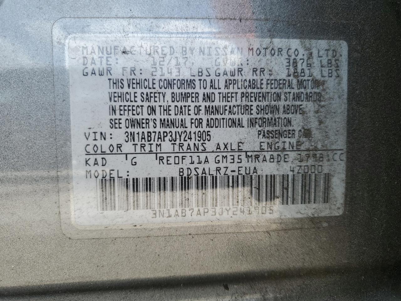 3N1AB7AP3JY241905 NISSAN SENTRA 2018