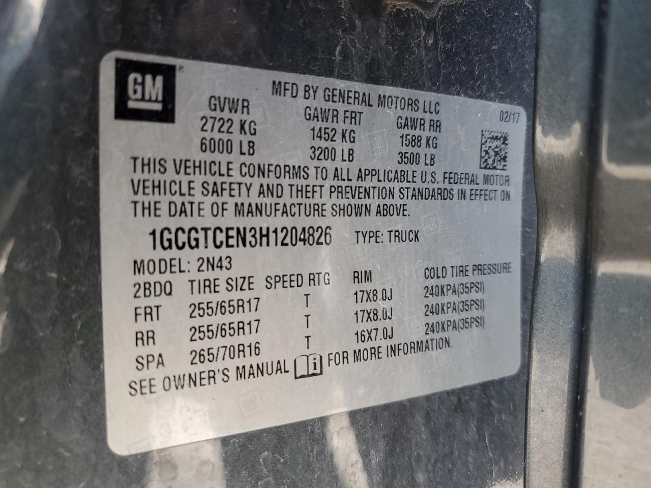1GCGTCEN3H1204826 CHEVROLET COLORADO 2017