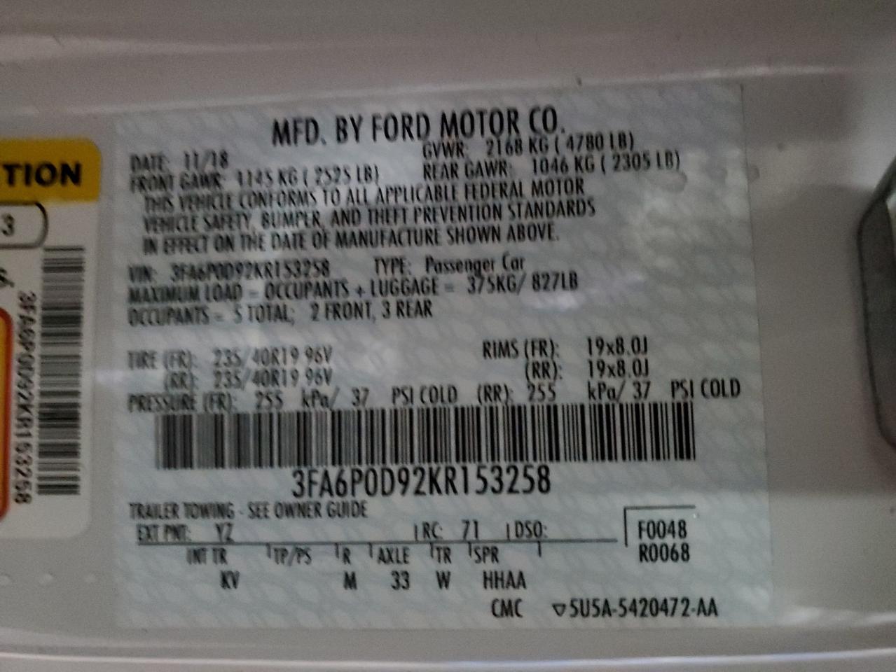 3FA6P0D92KR153258 FORD FUSION 2019