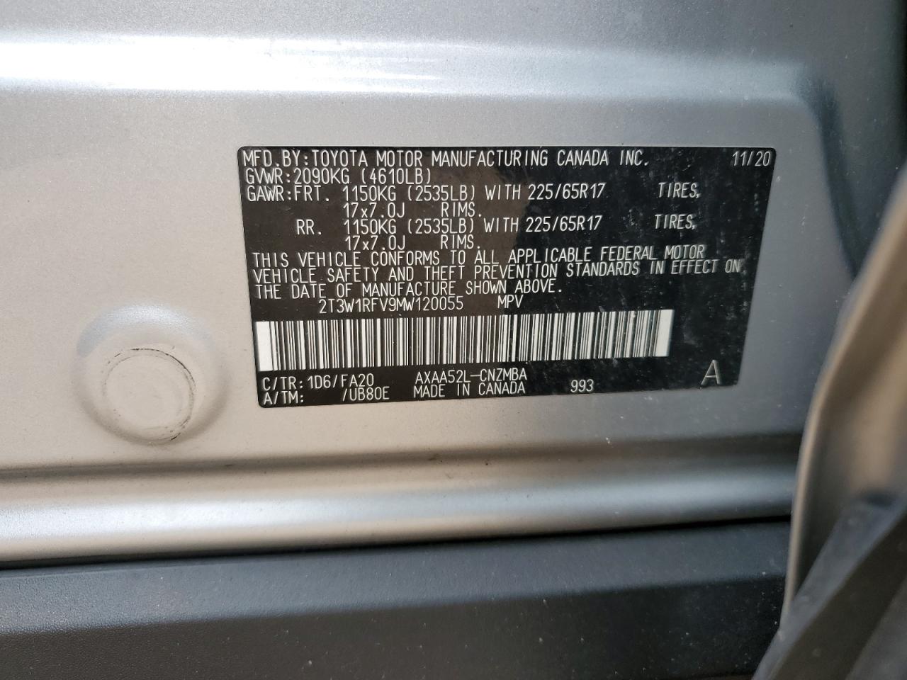2T3W1RFV9MW120055 2021 Toyota Rav4 Xle