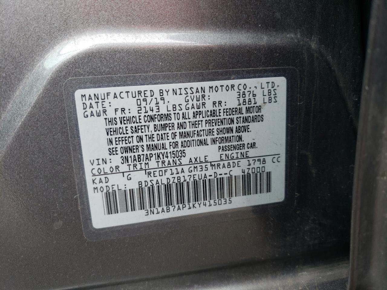 3N1AB7AP1KY415035 NISSAN SENTRA 2019