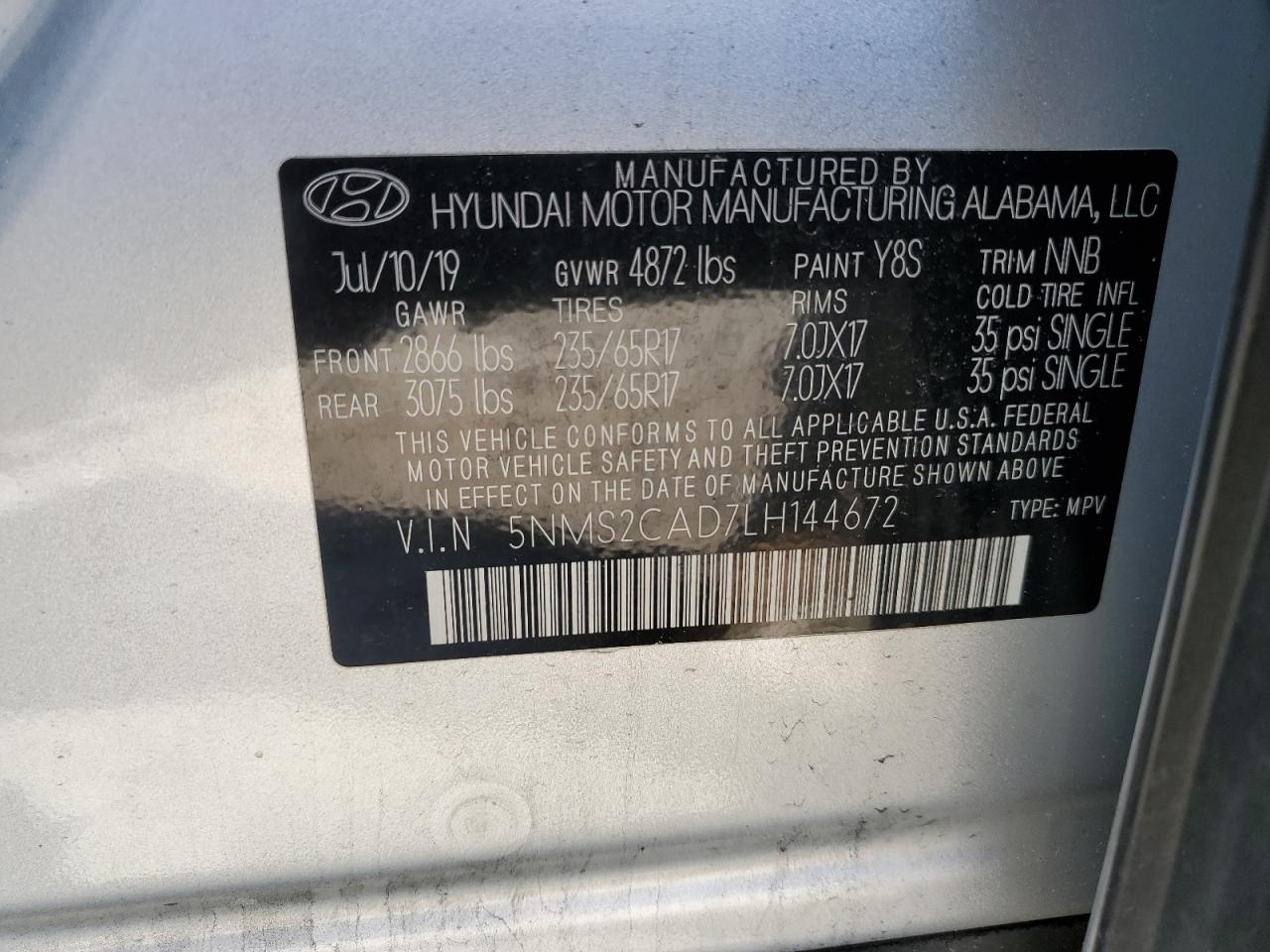 5nms2cad7lh144672 5NMS2CAD7LH144672 2020 Hyundai Santa Fe Se