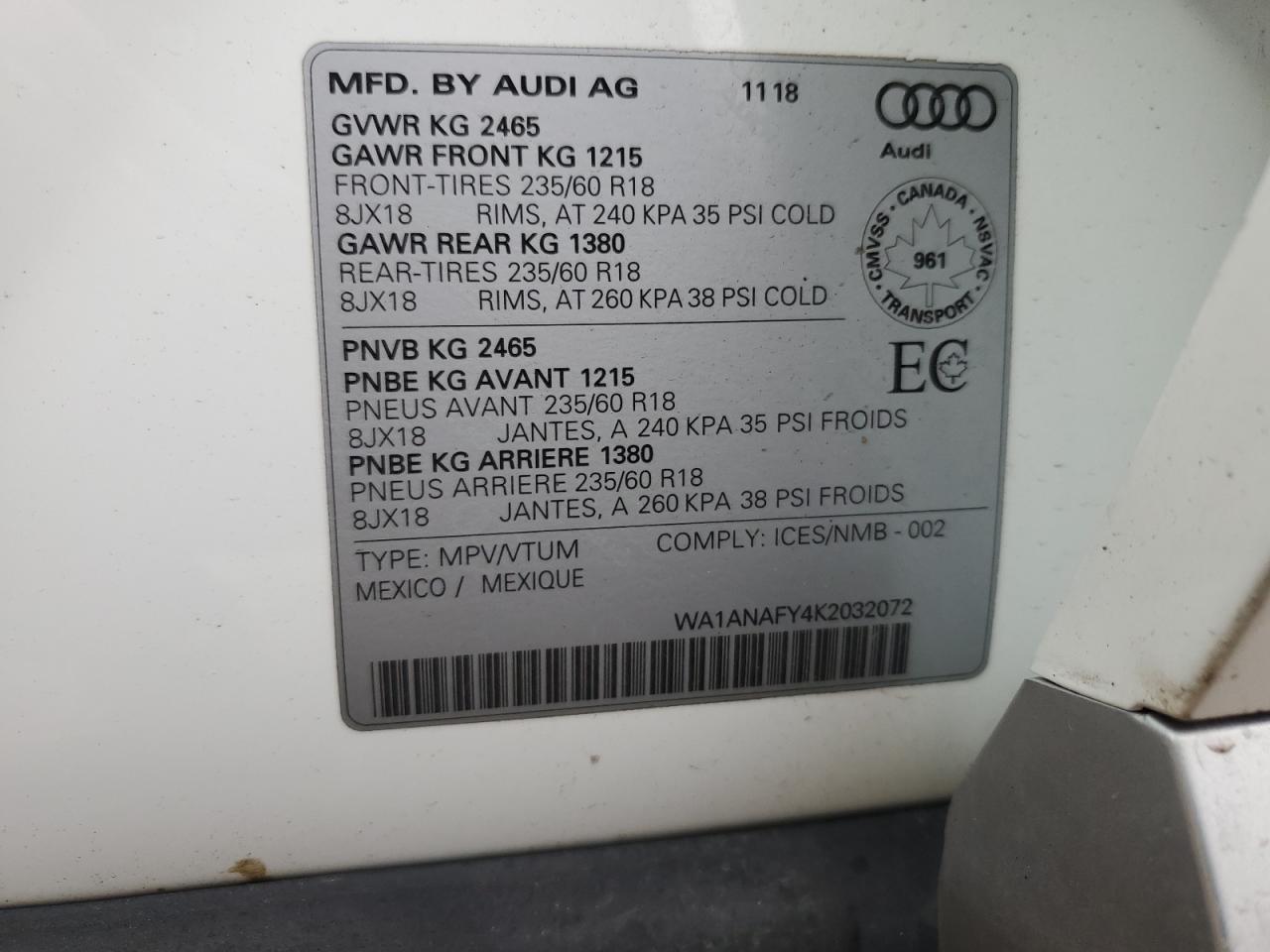 WA1ANAFY4K2032072 2019 Audi Q5 Premium