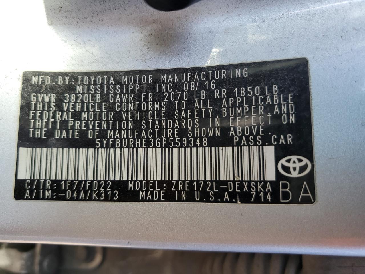 5YFBURHE3GP559348 TOYOTA COROLLA 2016