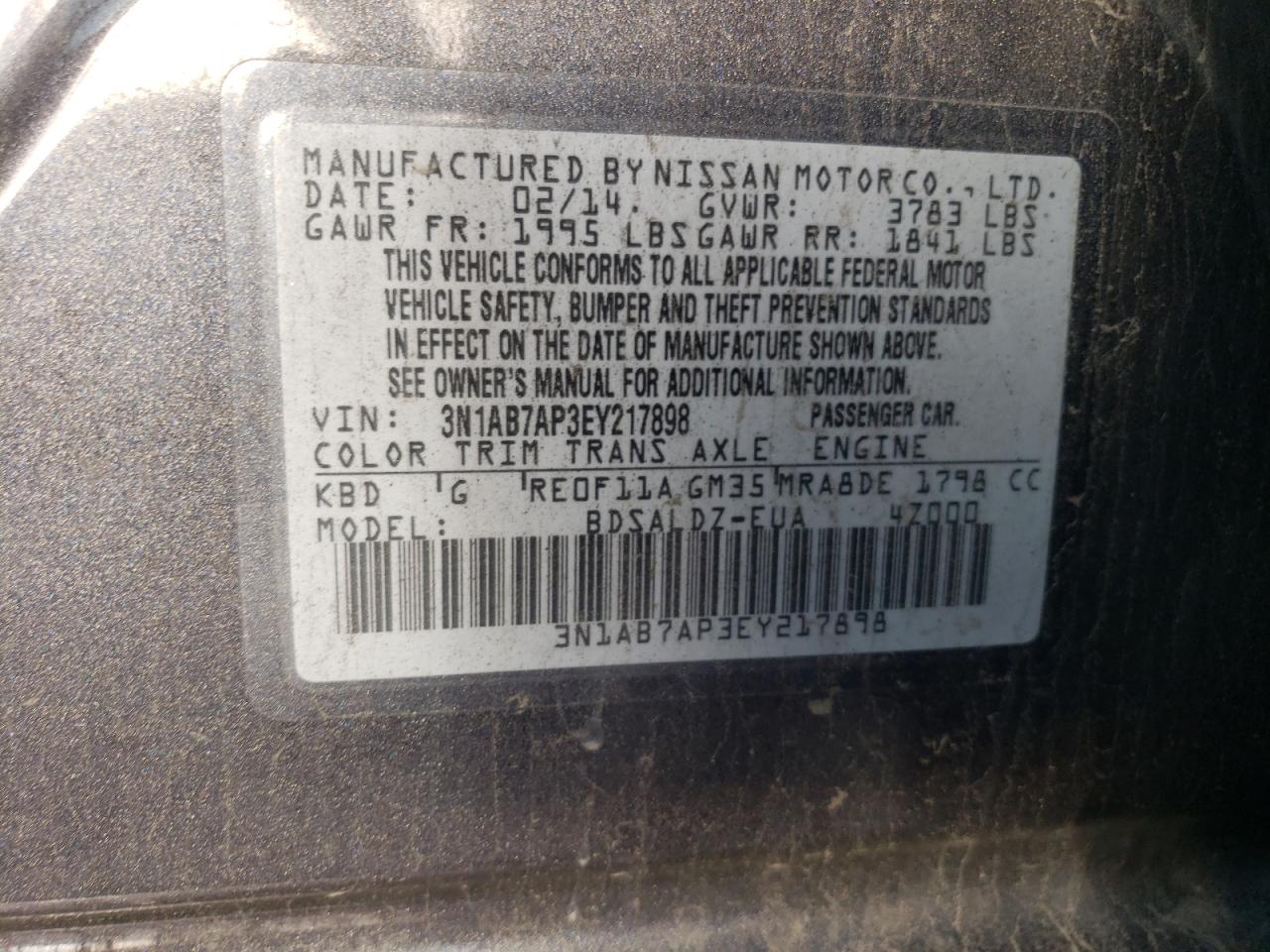 3N1AB7AP3EY217898 2014 Nissan Sentra S