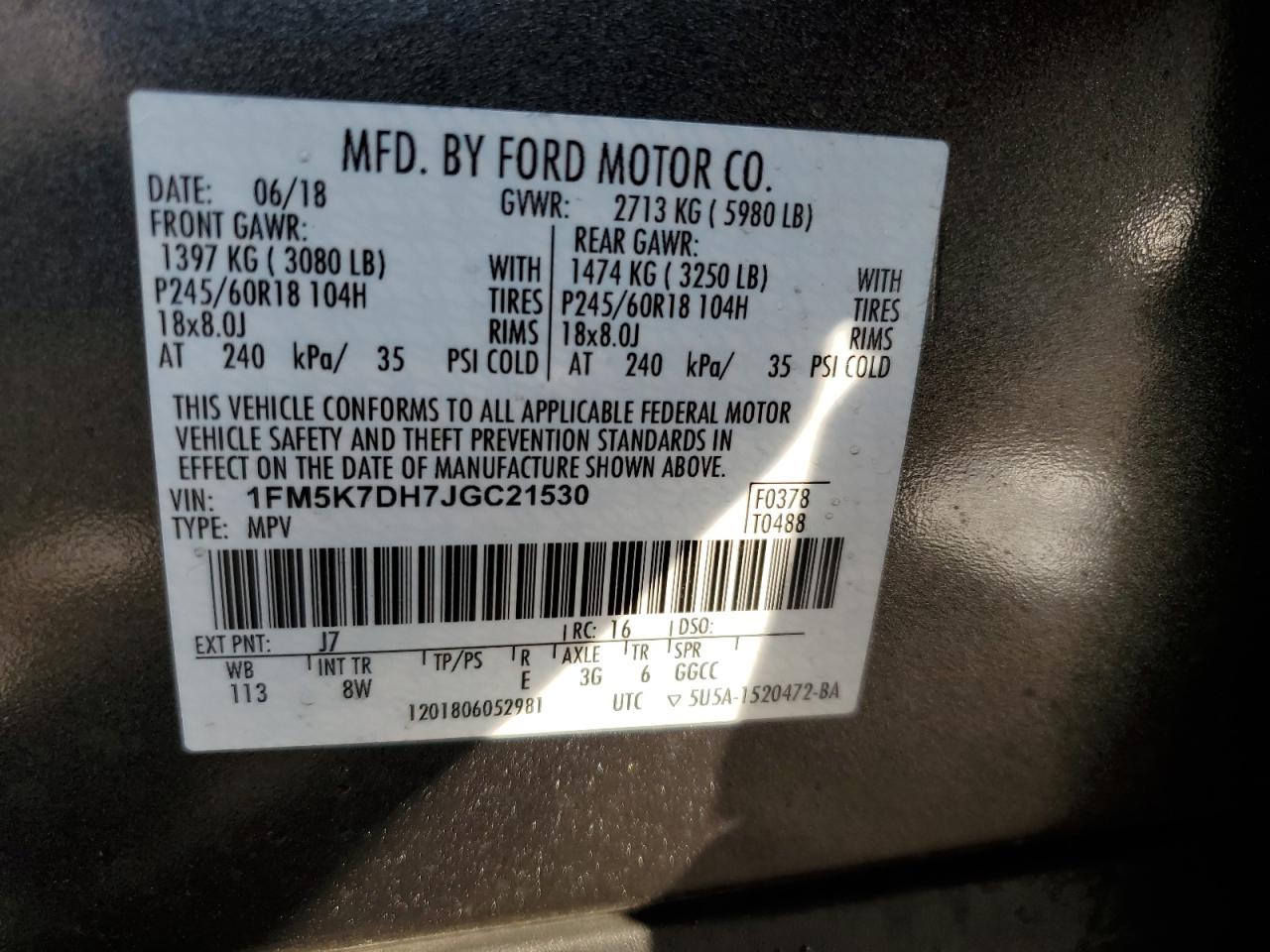 VIN: 1FM5K7DH7JGC21530 2018 FORD EXPLORER