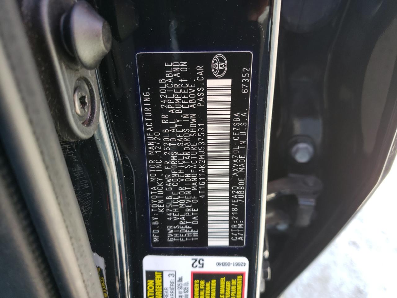 4T1G11AK2MU537531 TOYOTA CAMRY 2021