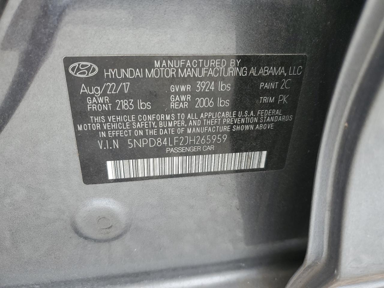 5NPD84LF2JH265959 2018 Hyundai Elantra Sel