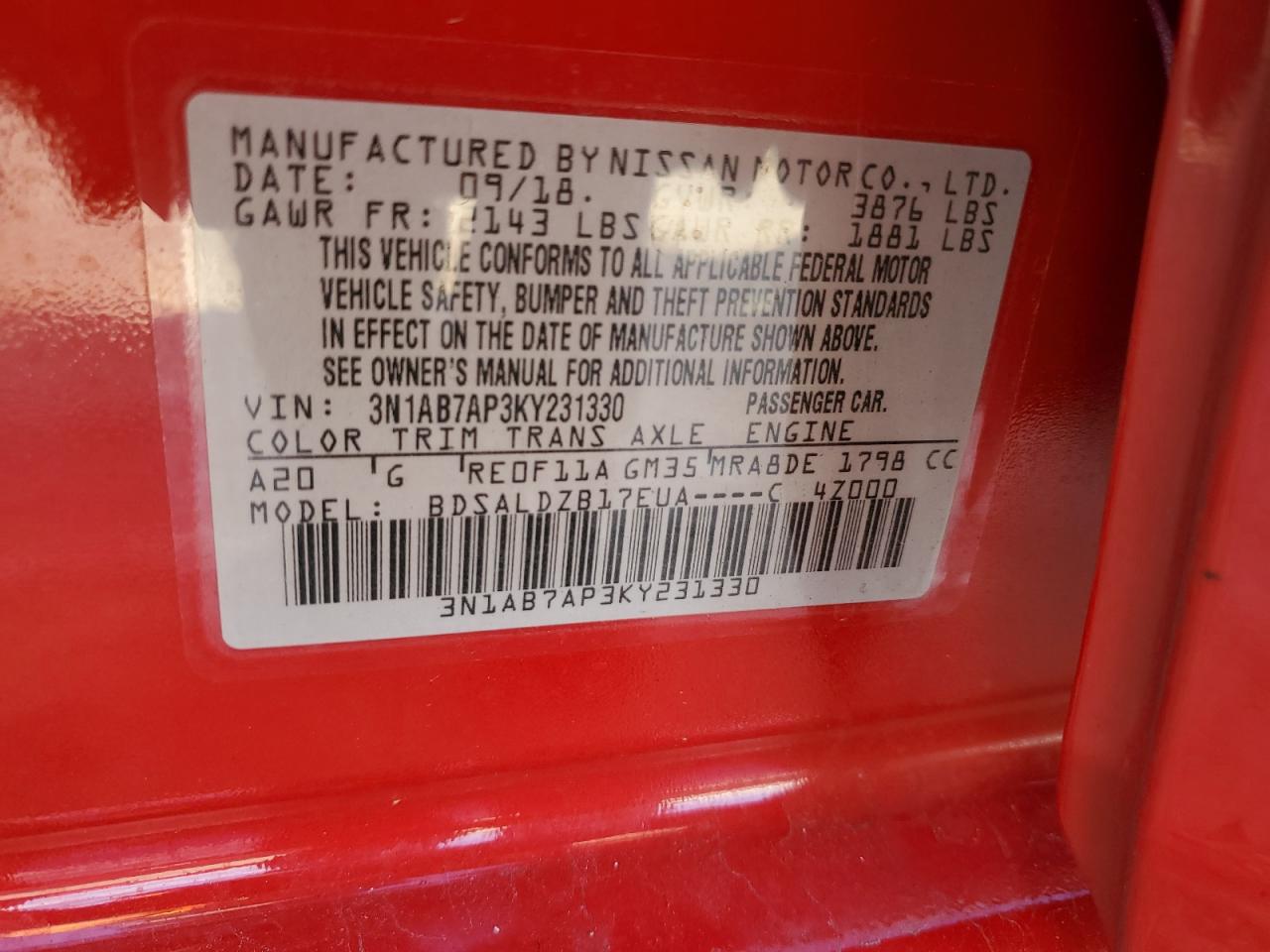 3N1AB7AP3KY231330 NISSAN SENTRA 2019