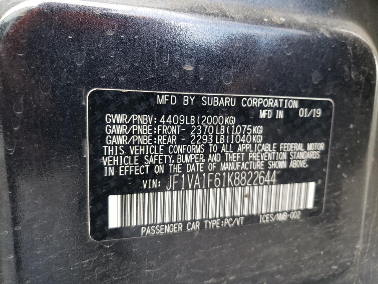 JF1VA1F61K8822644 2019 Subaru Wrx Premium