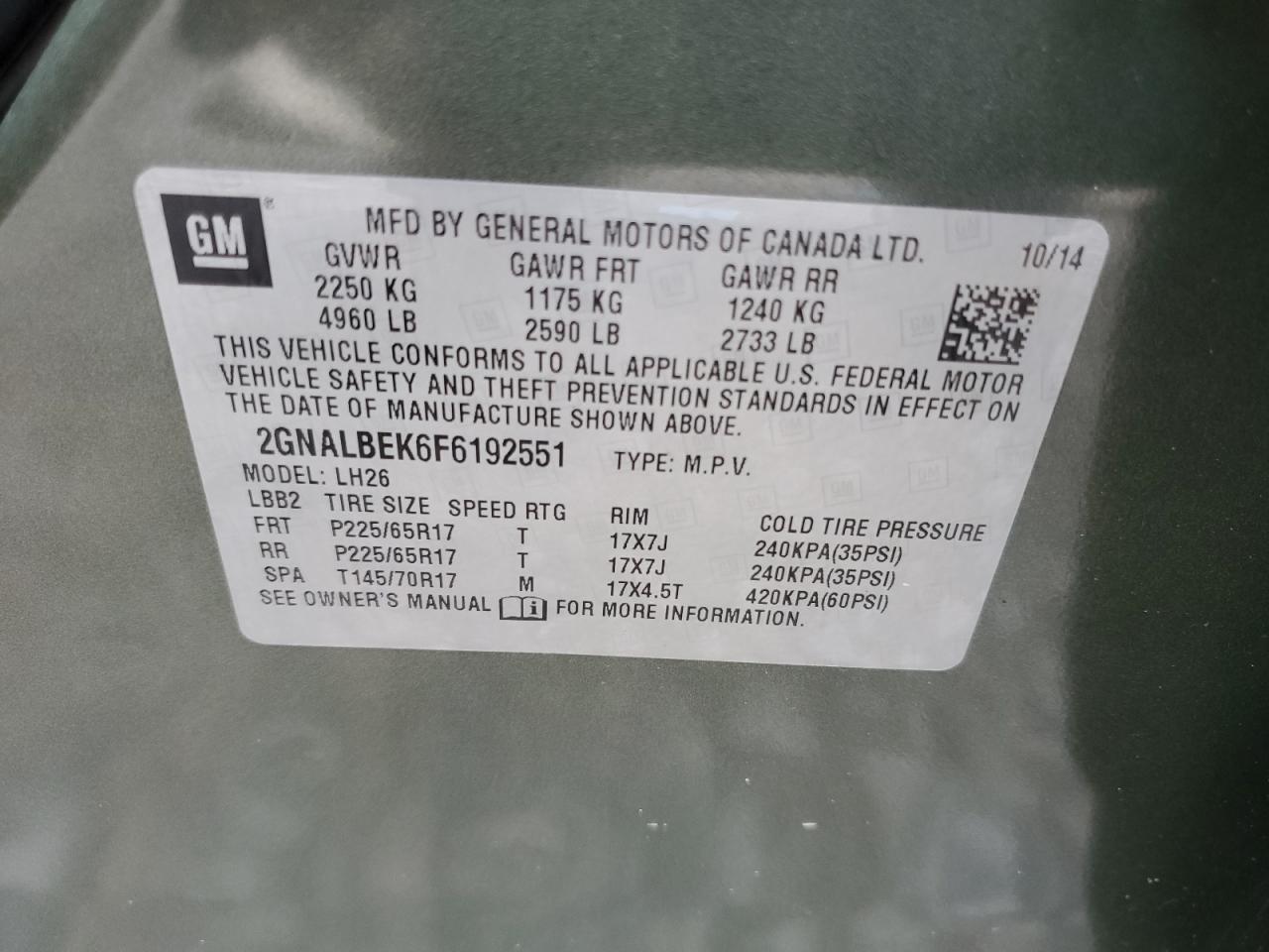 2GNALBEK6F6192551 2015 Chevrolet Equinox Lt